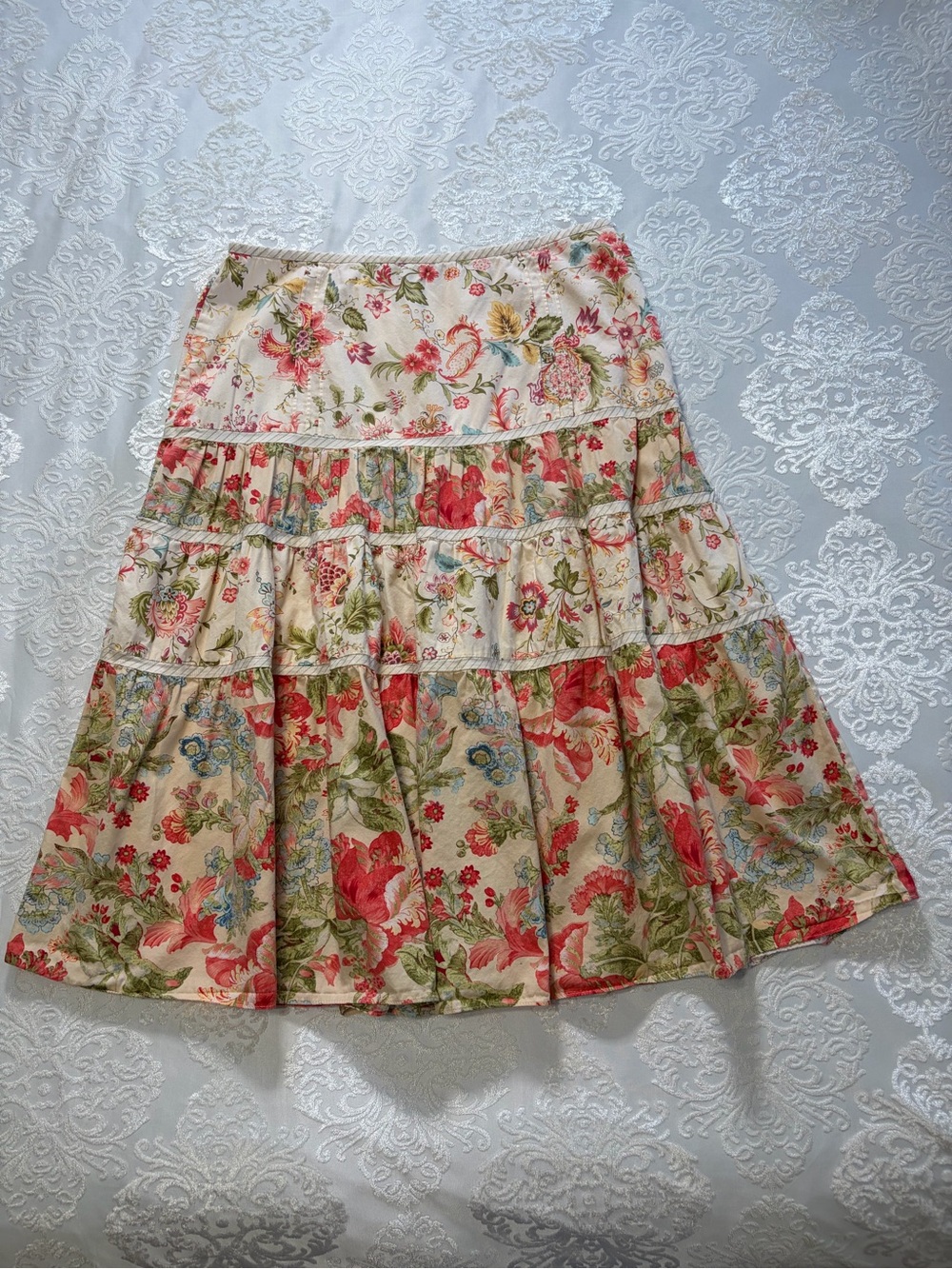 Bandolino Floral Tiered Midi Skirt Size 8 Prairie Cottagecore Boho 100% Cotton - Picture 3 of 7
